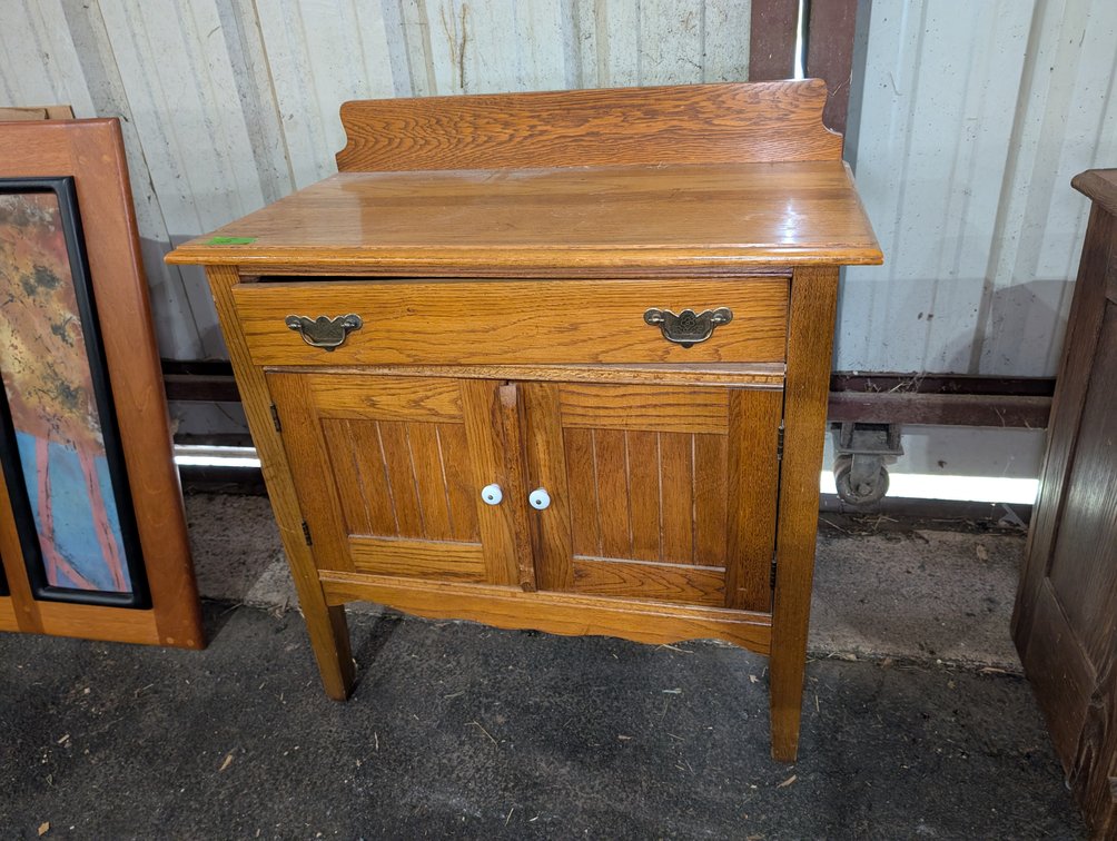 Antique Oak Washstand Cabinet with Single Drawer & Splashboard