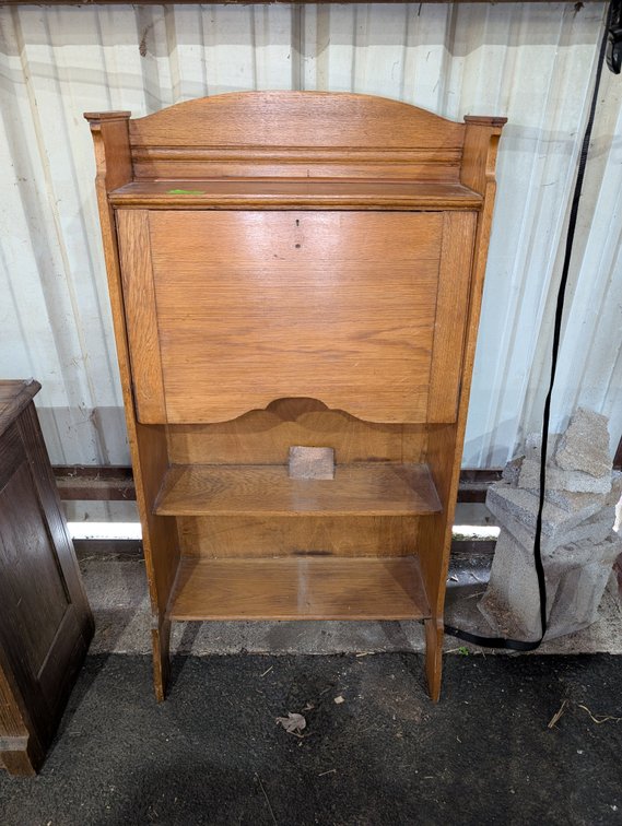 Antique Oak Drop-Front Slant Desk with Open Lower Shelving