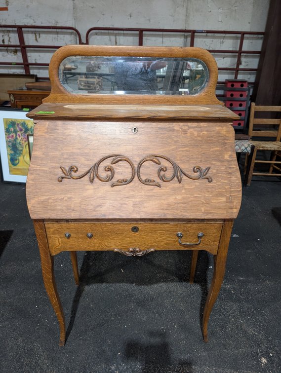 Antique Oak Slant-Front Writing Desk with Carved Relief & Built-in Vanity Mirror
