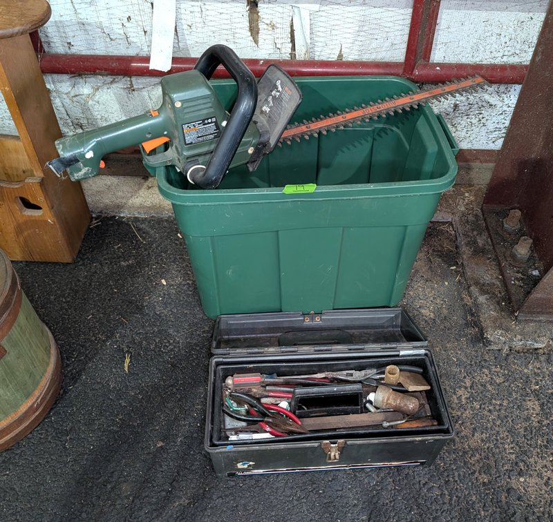 Electric Hedge Trimmer, Green Storage Tote & Plastic Tool Box with Hand Tools