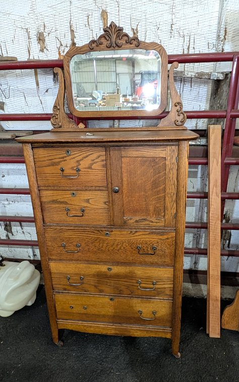 Antique Oak Bonnet Chest with Beveled Carved Mirror