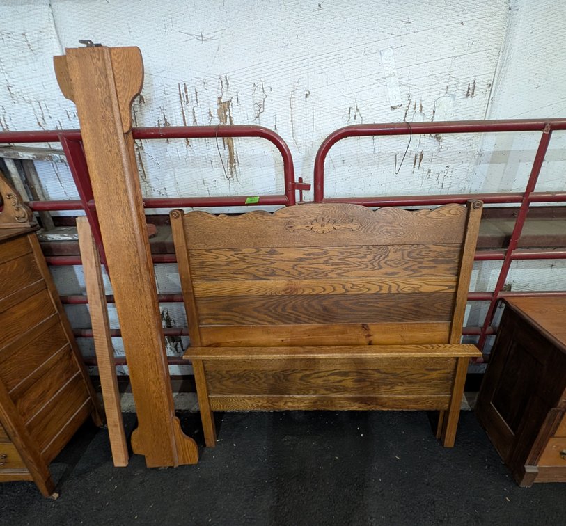 Antique Carved Oak Twin Bed Frame (Headboard, Footboard & Side Rails)