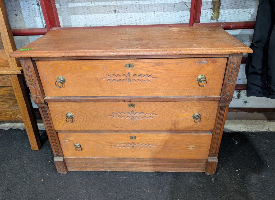 Antique Oak 3-Drawer Chest / Dresser with Leaf Carvings & Brass Ring Pulls