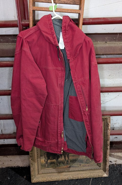 Carhartt Red Canvas Hooded Work Jacket with Gray Fleece Lining