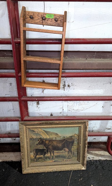 Vintage Wall-Hanging Wooden Display Shelf with Peg Hooks & Framed Cow/Calf Print