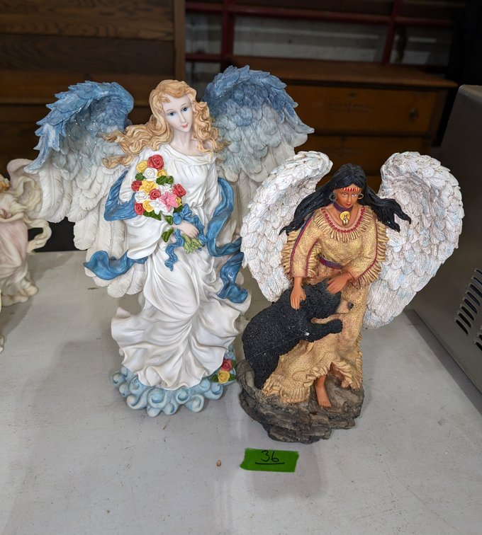 Pair of Large Angel Figures Including Floral Angel & Native American Angel with Bear