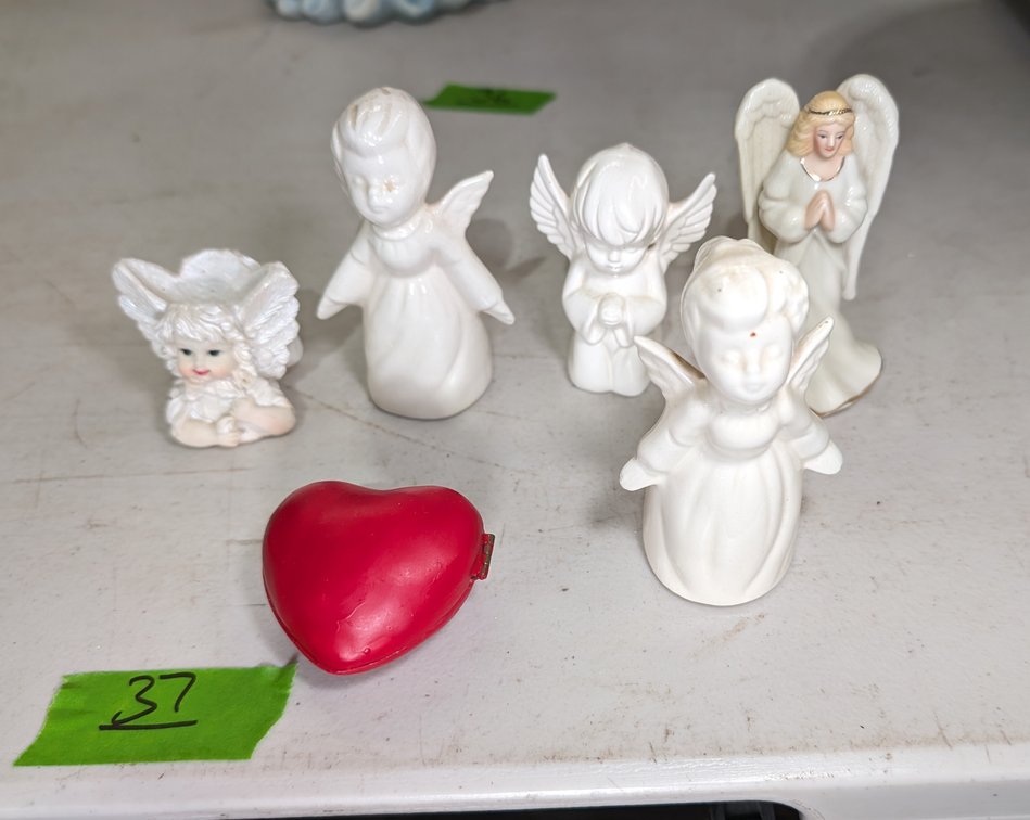 Collection of 5 Small Porcelain Angel Figurines with Red Heart Trinket Box