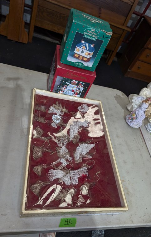 Boxed Spun Glass Christmas Ornaments with St. Nicholas Square & Christmas Village Buildings