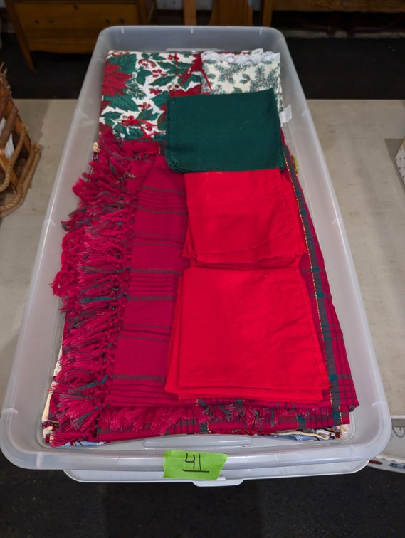 Plastic Storage Tote filled with Christmas Linens, Tablecloths, Napkins & Placemats