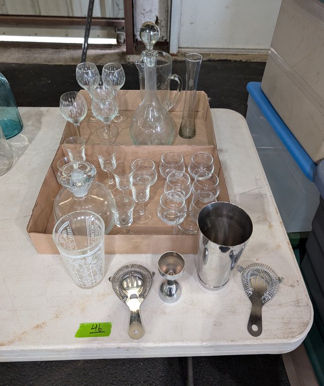 Assorted Glassware Barware Decanters, Stemware, Cocktail Shakers & Strainers