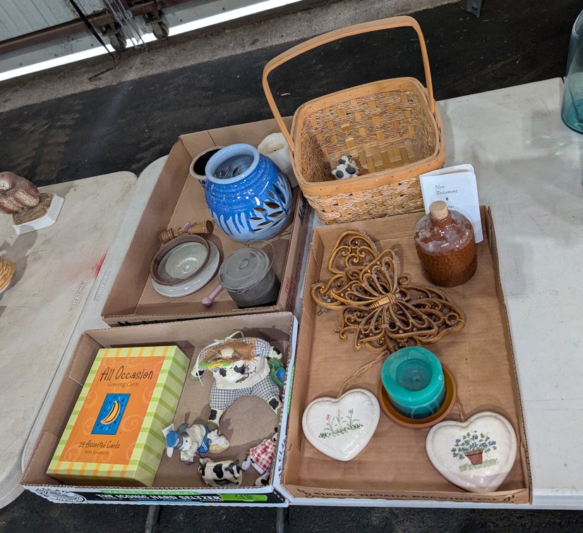 Misc Home Decor & Novelties: Woven Basket, Blue Drip Glaze Pitcher, Greeting Cards & Figurines