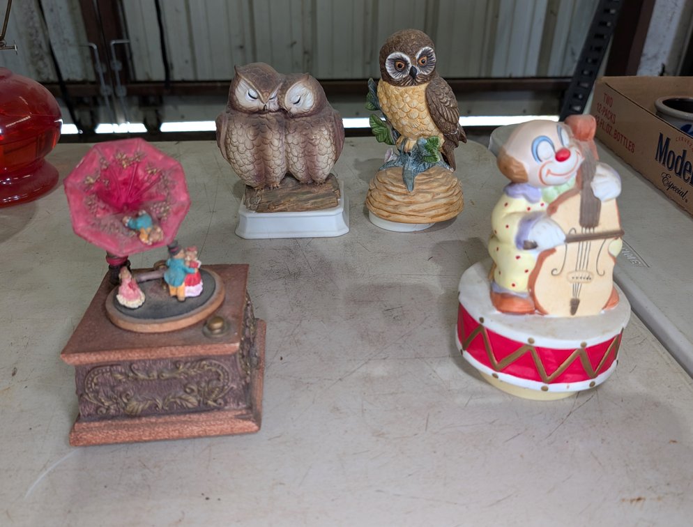 Collection of Musical Figurines: Clown, Gramophone & Owl Music Boxes
