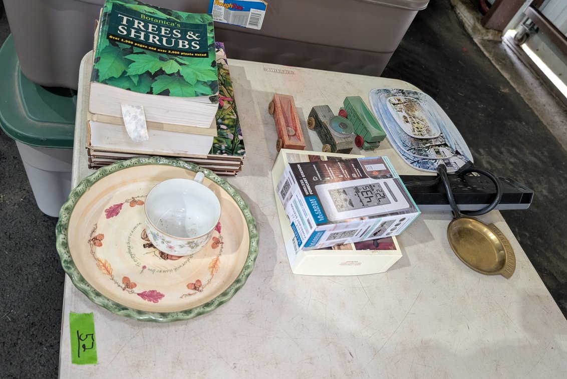 Gardening Books, La Crosse Weather Station, Decorative Plate & Wooden Toys