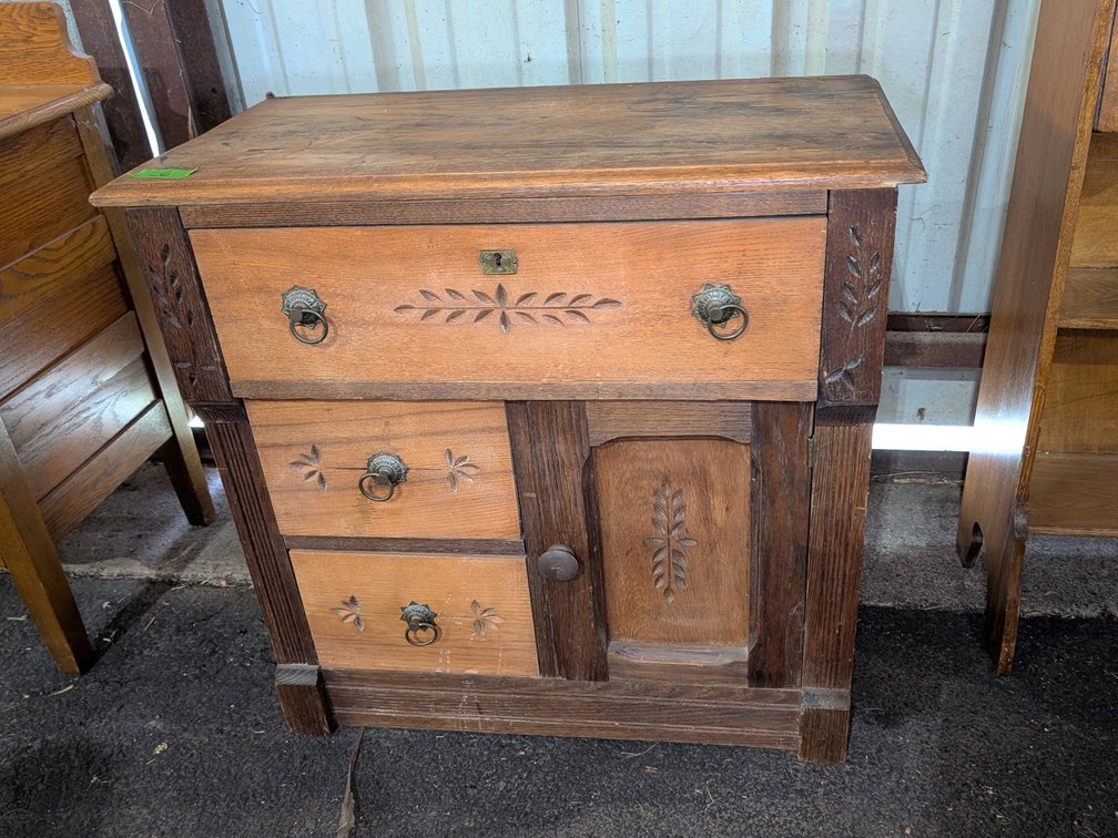 Carved Oak Nightstand / Commode Cabinet with Floral Detail