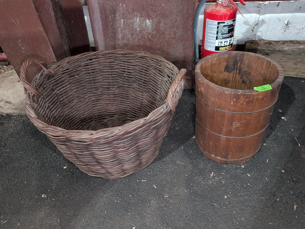 Woven Storage Basket & Wooden Stave Bucket