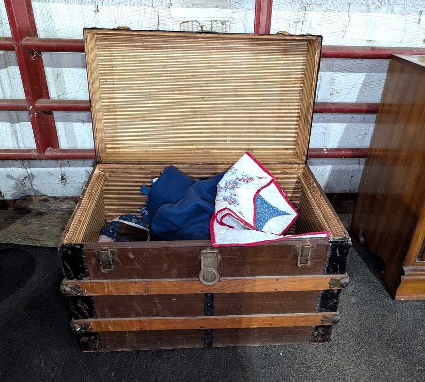 Flat-Top Steamer Trunk Lot with Handmade Quilts Inside