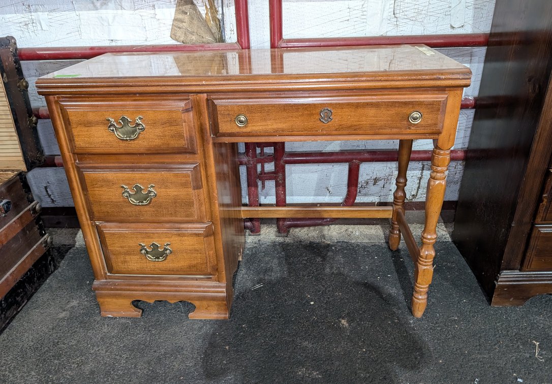 Traditional Wooden Desk with Single Turned Leg & Brass Pulls