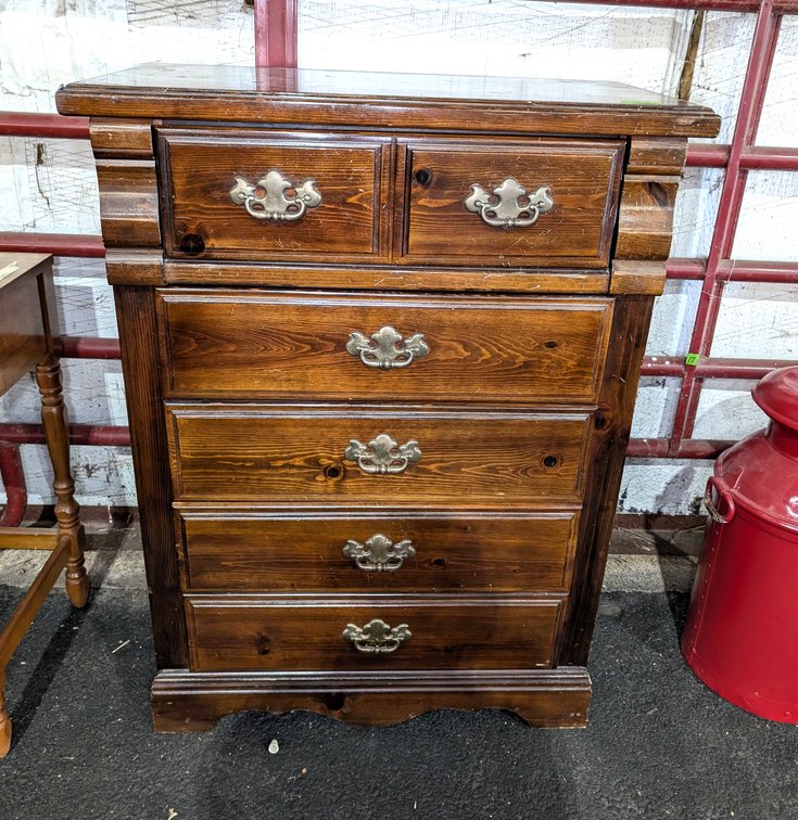 Dark Stained Tall Boy Chest of Drawers with Batwing Pulls
