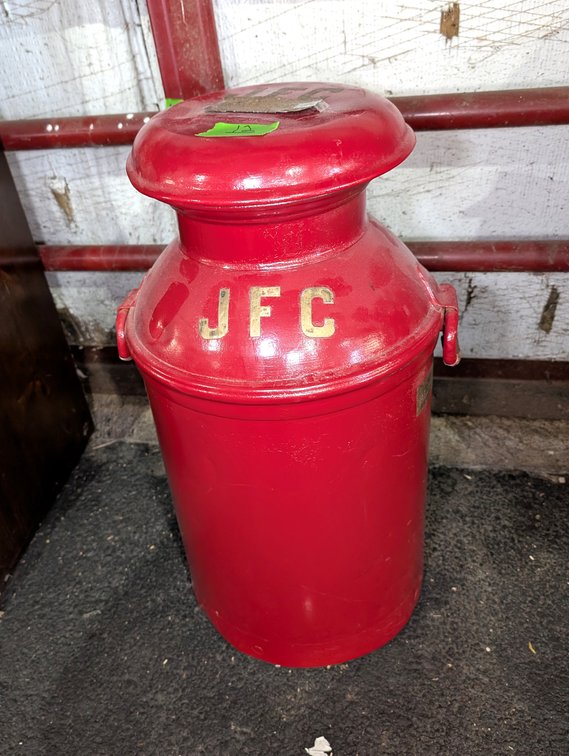 Painted Red Metal Milk Can Stenciled "JFC"