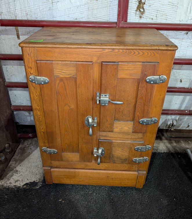 Antique Oak Ice Box Cabinet w/ Metal Latches & Hinges