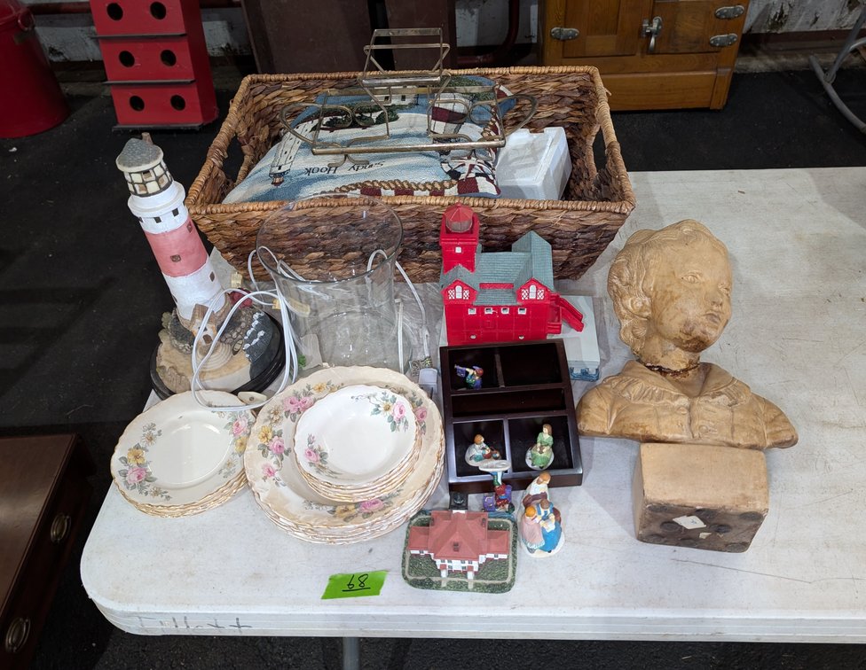 Collectibles Basket, Lighthouse Table Lamp, Bust & Floral China