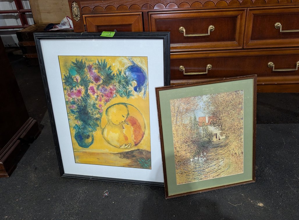 Pair of Framed Art Prints incl. Marc Chagall Style Floral Couple & Landscape Scene