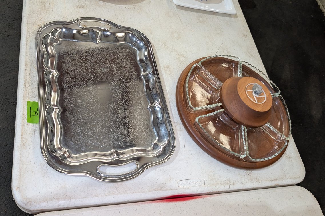Silver-Plated Engraved Serving Tray & Vintage Wooden Revolving Lazy Susan Relish Dish
