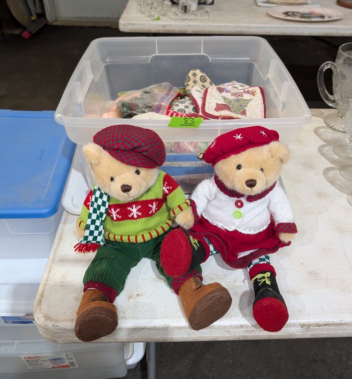 Pair of Plush Christmas Teddy Bears & Tote of Fabric Table Linens