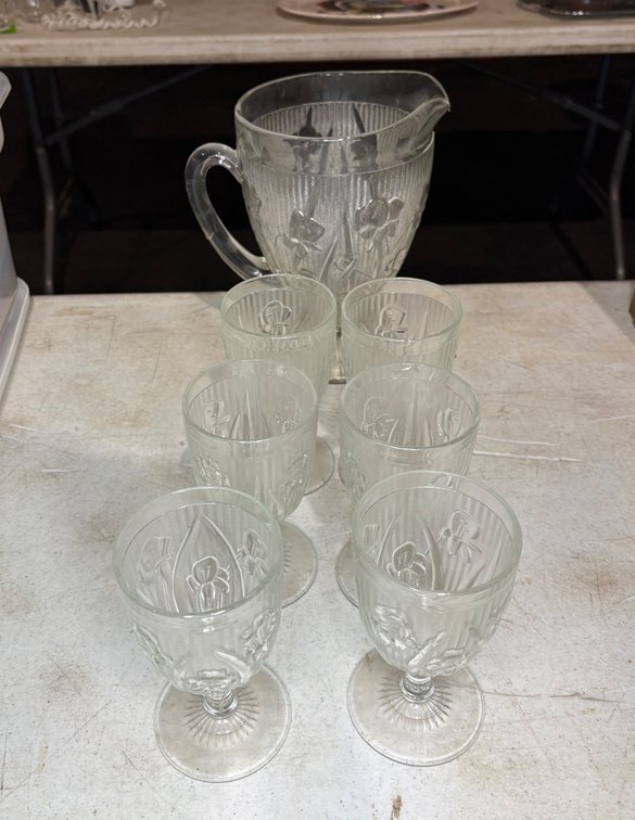 Vintage Floral Cut Glass Pitcher & (6) Matching Stemmed Glasses