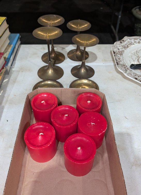 6 Brass Candlestick Holders & 6 Red Pillar Candles