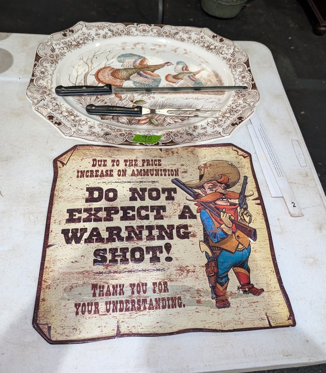 Vintage Turkey Ceramic Platter with Carving Set & Tin Metal Sign "Due To The Price Increase On Ammunition..."