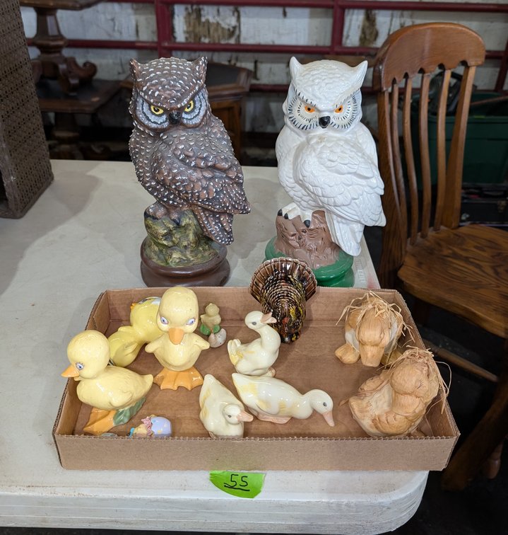 2 Owl Figurines & Ceramic Duck / Poultry Figurines