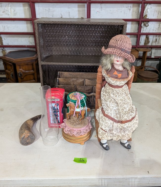 Vintage Cloth Doll on Chair, Carousel Music Box, Powder Horn & Red Telephone Box Tin