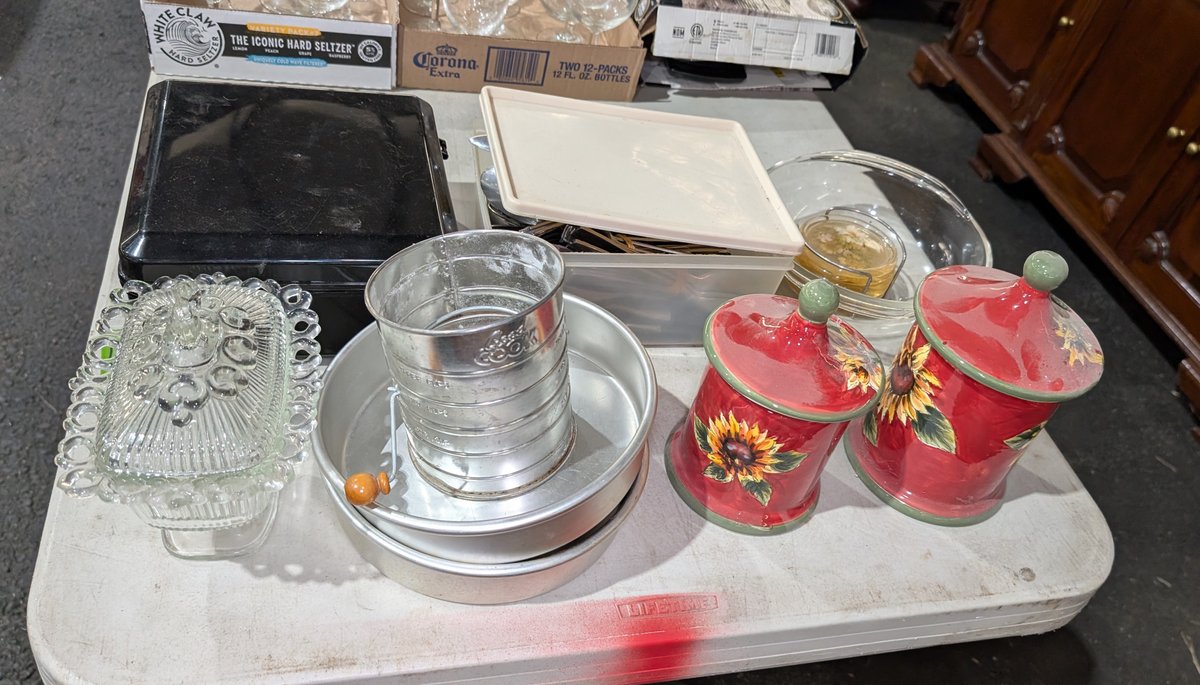 Assorted Kitchen & Tableware Grouping incl. Decorative Glass Server, Metal sifter, Canisters & Trays