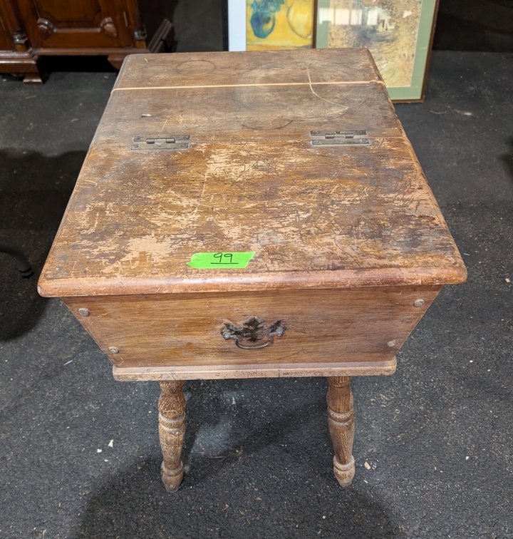 Antique Wooden Lift-Top Sewing / Cobbler Box End Table with Turned Legs