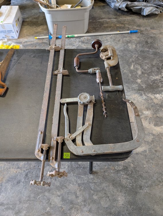 Vintage Hand Tools Assortment (Bar Clamps, Hand Drill, Tubing Cutter & Valve Spring Compressor)