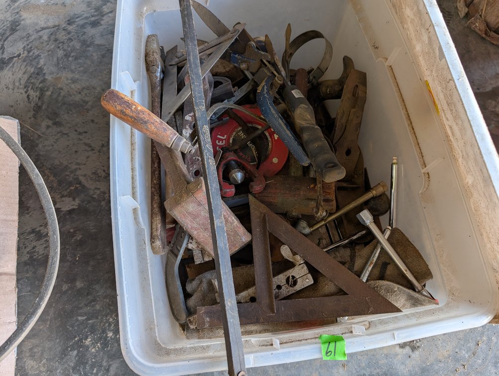 Large Storage Tote of Assorted Hand Tools, Squares & Clamps
