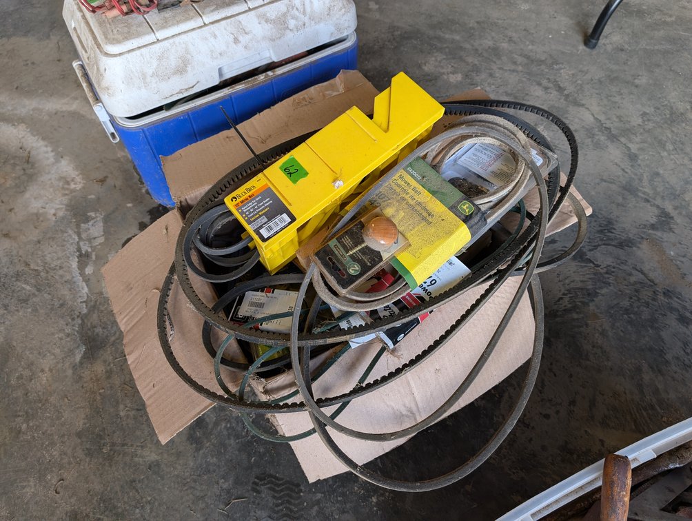 Buck Bros Miter Box, Mower/Drive Belts & Hardware Lot