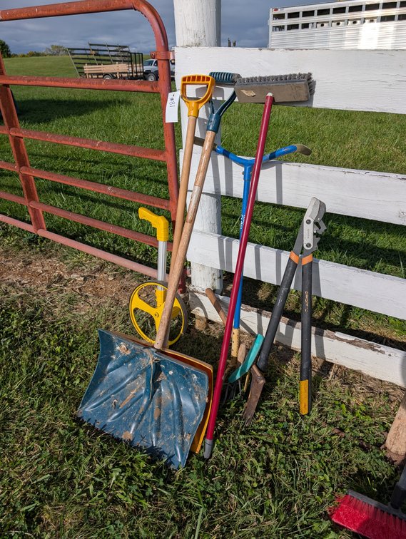 Yard & Landscaping Tools Lot (Snow Shovel, Measuring Wheel, Loppers & Brooms)