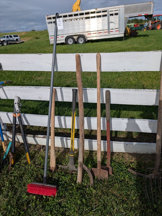 Long-Handled Farm Tools Lot (Collins Mattock/Pick, Shovels, Pitchfork & Broom)