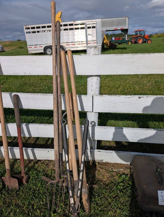 Farm Hand Tools & Post Hole Digger Lot (Stanley FatMax Digger & Pitchforks)