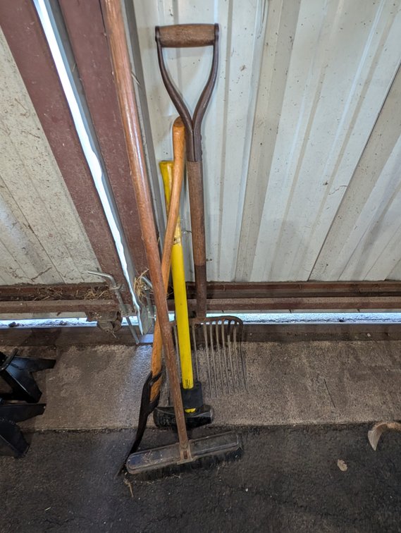 Group of Long-Handled Lawn & Garden Tools (Fork, Broom, Sledge, Shovel)