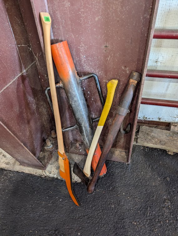 Group of Forestry Tools incl. Post Driver, Axes, & Broadaxe