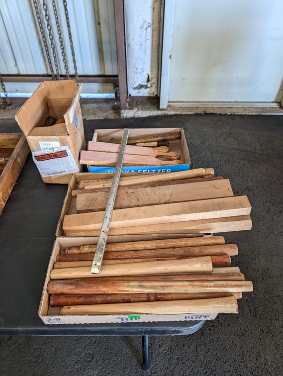 Flat Box Lot of Hardwood Tool Handles, Hardwood Blanks & Metal Ruler