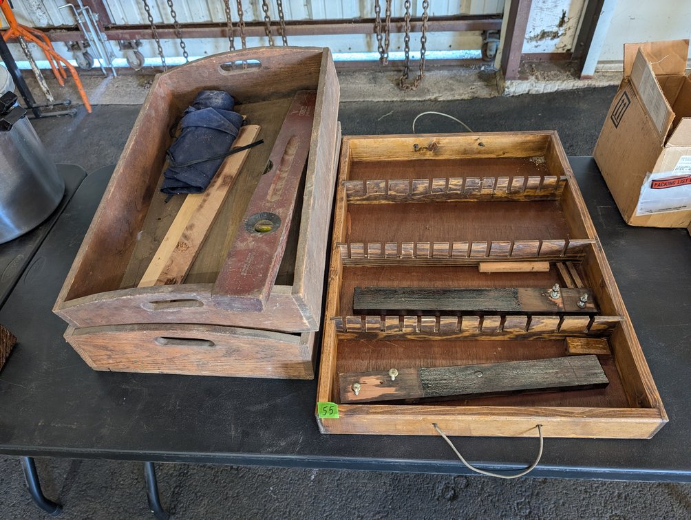 Group of Wooden Tool Trays & Custom Storage Racks incl. Vintage Stanley Level