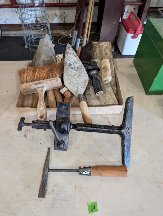 Masonry Tools Lot (Trowels, Brushes, Vise Clamp & Hammer)