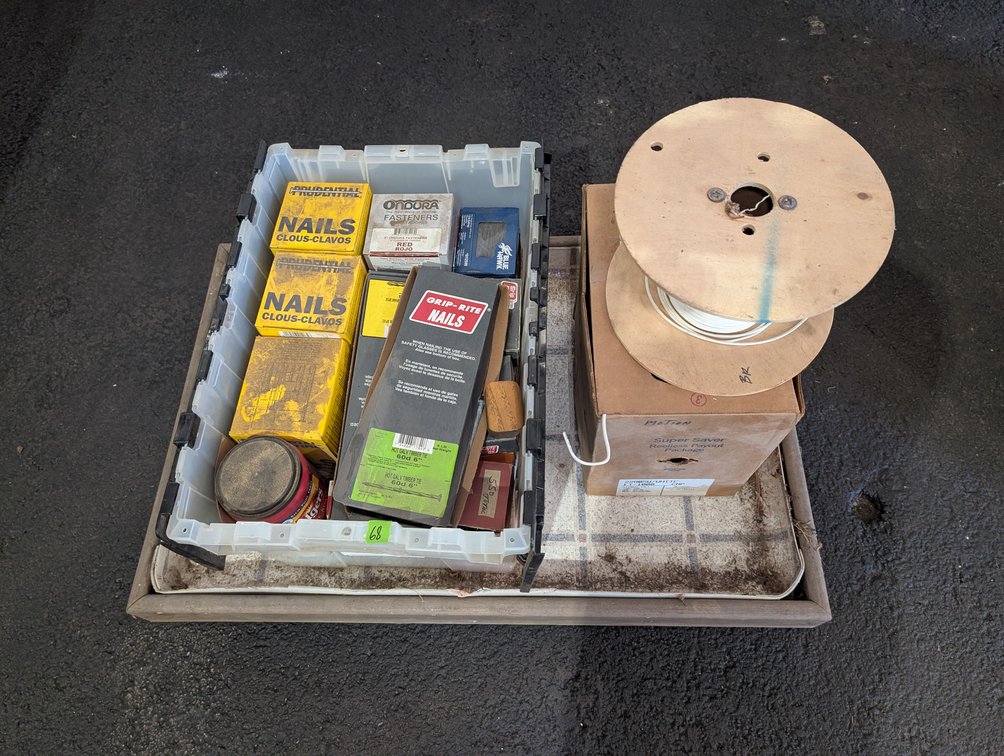 Tote & Box Lot of Assorted Nails, Fasteners & Wire Spool