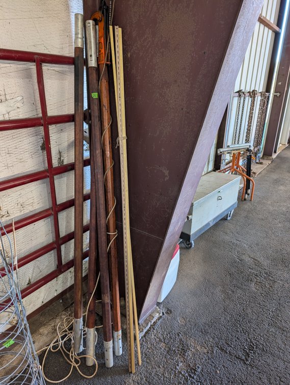 Group of Long Wooden Handles / Poles & Metal Tracks