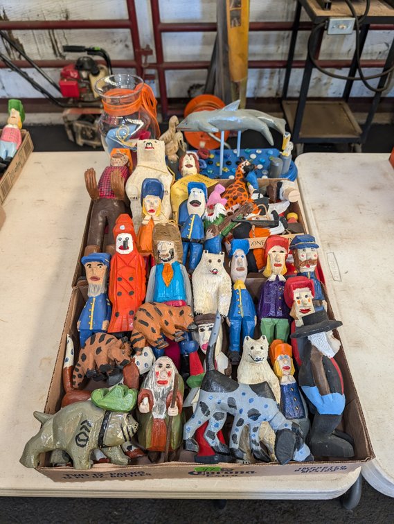Flat Box Lot of Hand-Carved & Painted Wooden Folk Art Figurines & Animals