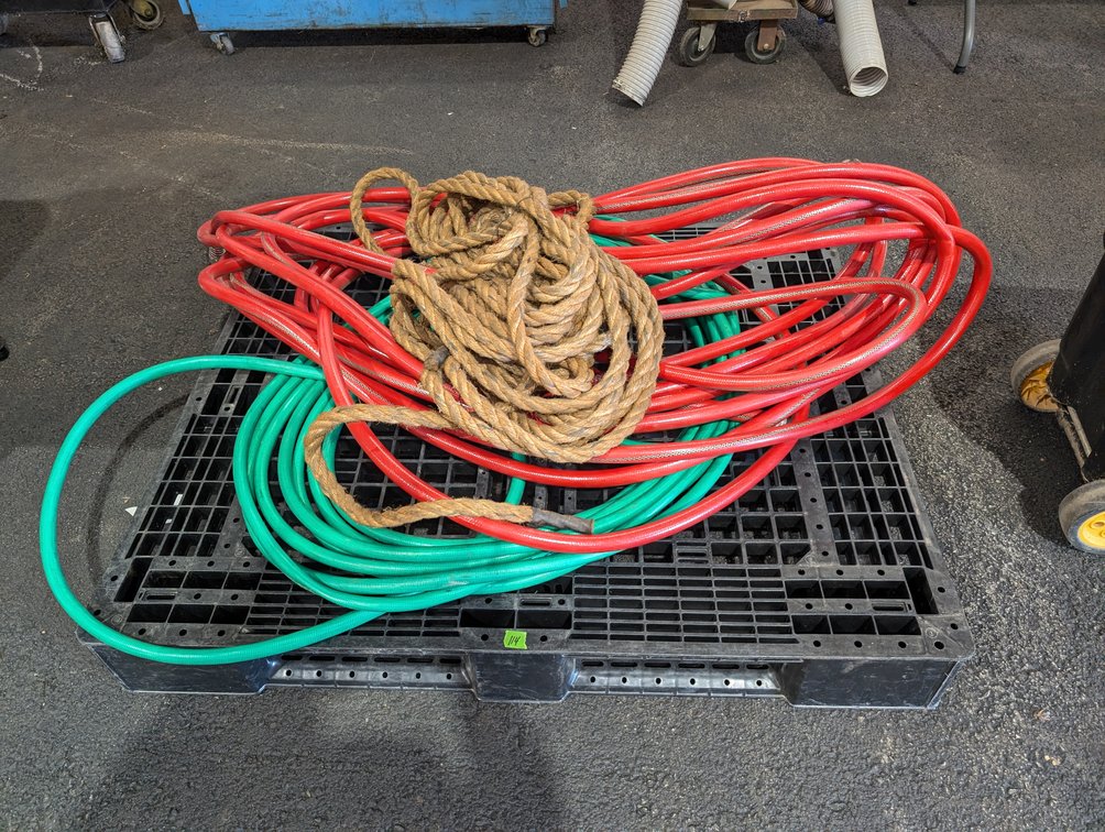 Heavy Duty Plastic Pallet with Coiled Air/Water Hoses & Thick Rope Lot